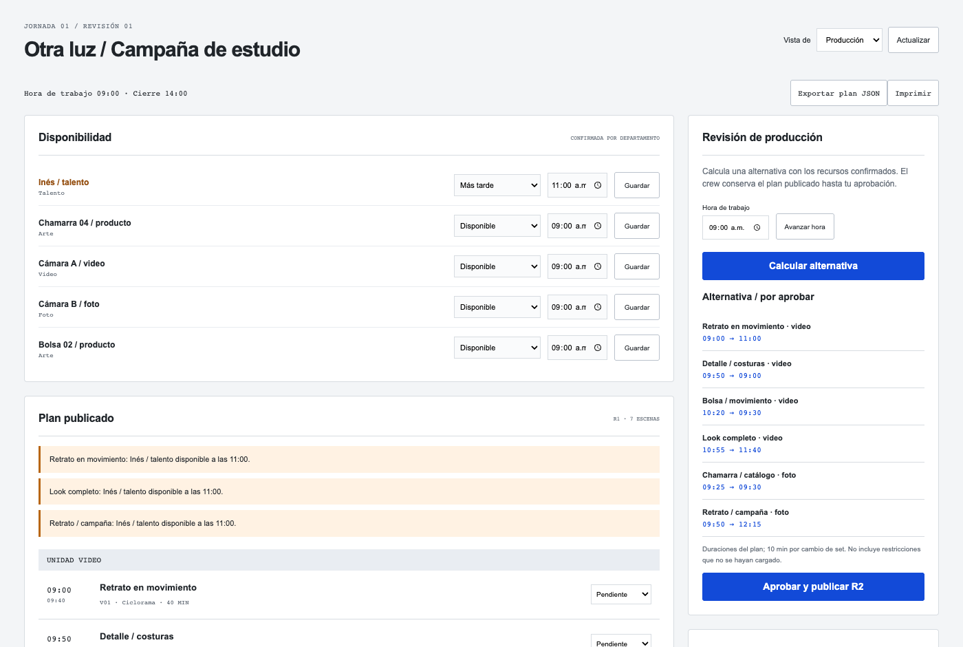Mesa de producción Roner: disponibilidad, alternativa de horario y confirmaciones por departamento